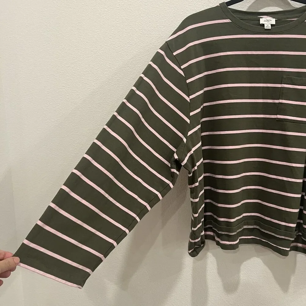 J.Crew Classic Mariner Cloth T-Shirt Womens Green Stripe Long Wide Sleeve 3X